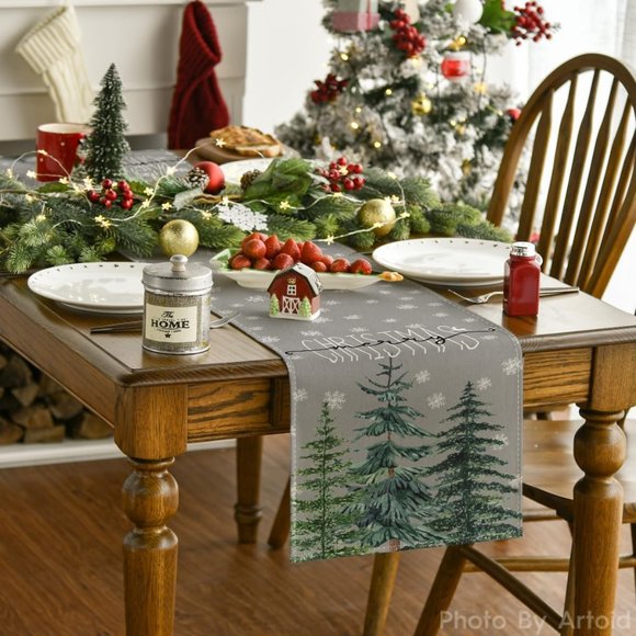 13 x 72 Inch Pine Tree Snowflake Merry Christmas Table Runner Winter Table Decor - Picture 2 of 9